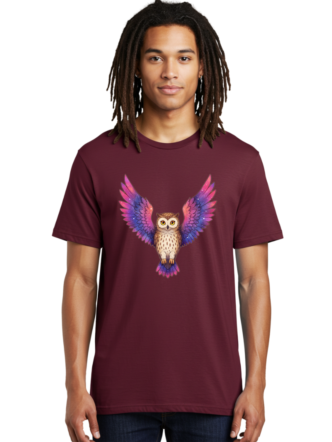 Owl-With-Galaxy-Wings-1 Men'S Graphic Tee, 100% Cotton, Comfortable Casual Summer Wear, Machine Washable, Vintage Camera, Old Camera, Antique Camera, Black Camera, Classic Photography, Photography Equipment, Nostalgic Device, Film Camera, Bal030