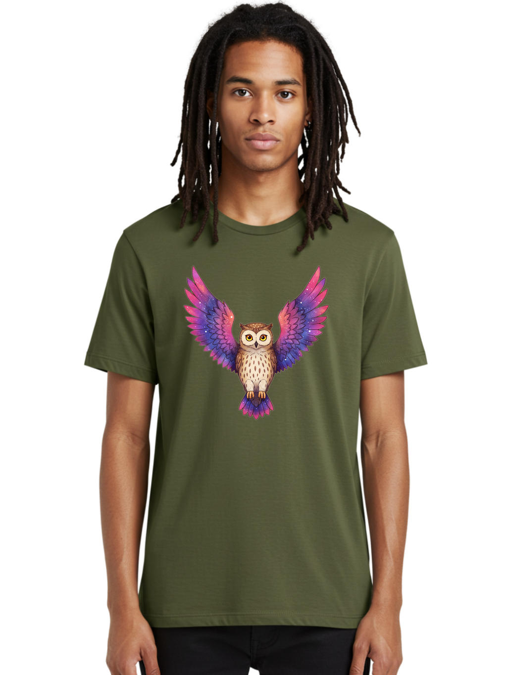 Owl-With-Galaxy-Wings-1 Men'S Graphic Tee, 100% Cotton, Comfortable Casual Summer Wear, Machine Washable, Vintage Camera, Old Camera, Antique Camera, Black Camera, Classic Photography, Photography Equipment, Nostalgic Device, Film Camera, Bal030