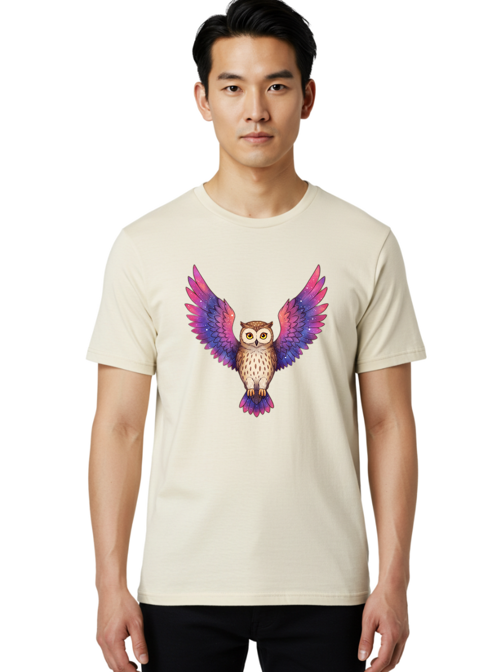 Owl-With-Galaxy-Wings-1 Men'S Graphic Tee, 100% Cotton, Comfortable Casual Summer Wear, Machine Washable, Vintage Camera, Old Camera, Antique Camera, Black Camera, Classic Photography, Photography Equipment, Nostalgic Device, Film Camera, Bal030