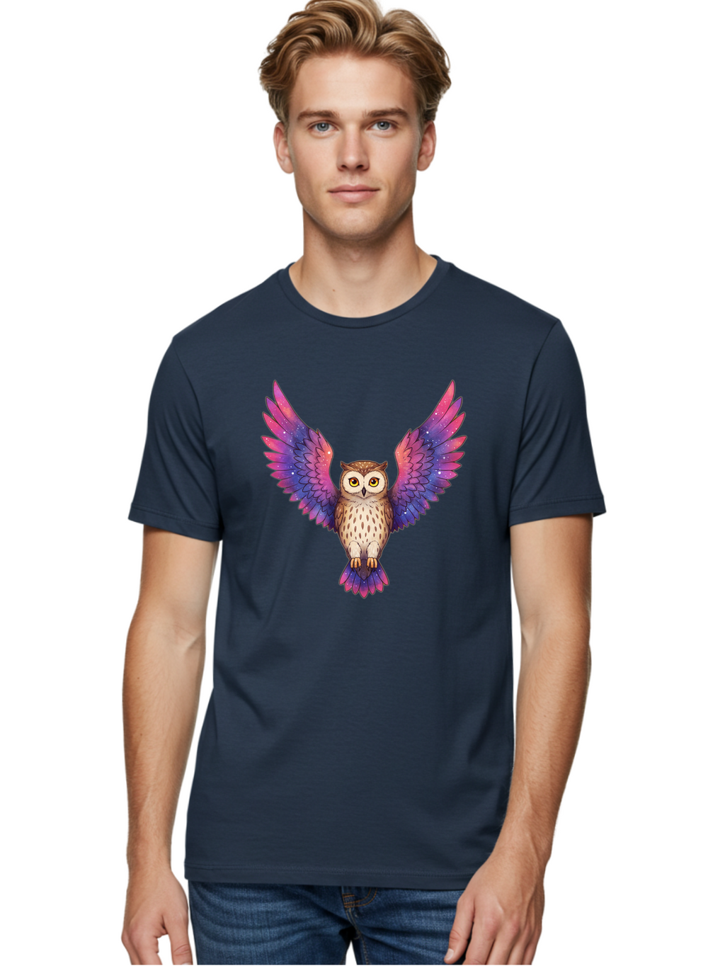 Owl-With-Galaxy-Wings-1 Men'S Graphic Tee, 100% Cotton, Comfortable Casual Summer Wear, Machine Washable, Vintage Camera, Old Camera, Antique Camera, Black Camera, Classic Photography, Photography Equipment, Nostalgic Device, Film Camera, Bal030