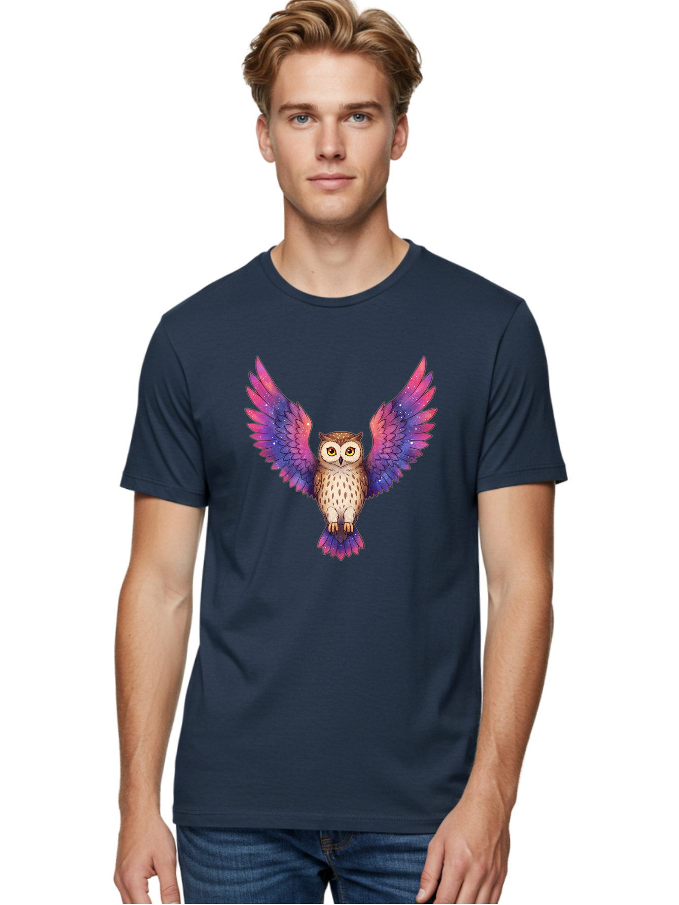 Owl-With-Galaxy-Wings-1 Men'S Graphic Tee, 100% Cotton, Comfortable Casual Summer Wear, Machine Washable, Vintage Camera, Old Camera, Antique Camera, Black Camera, Classic Photography, Photography Equipment, Nostalgic Device, Film Camera, Bal030