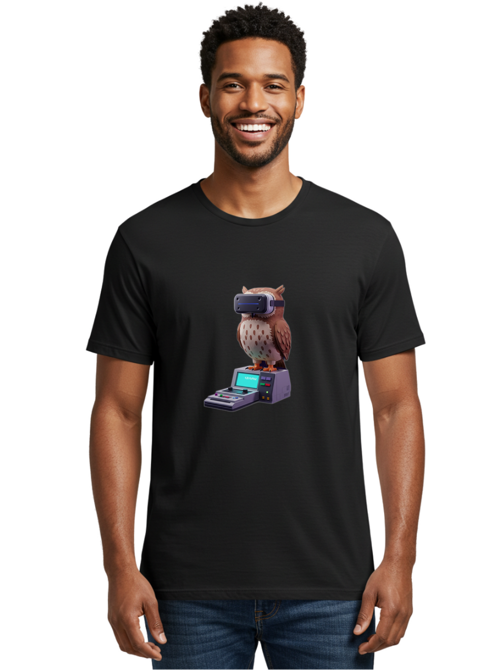 Owl-With-Vr-Headset-2 Men'S Graphic Tee, 100% Cotton, Comfortable Casual Summer Wear, Machine Washable, Vintage Camera, Old Camera, Antique Camera, Black Camera, Classic Photography, Photography Equipment, Nostalgic Device, Film Camera, Bal033