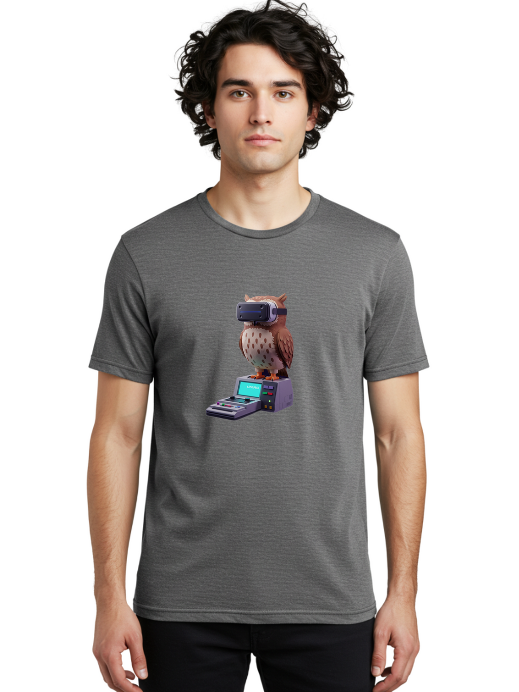 Owl-With-Vr-Headset-2 Men'S Graphic Tee, 100% Cotton, Comfortable Casual Summer Wear, Machine Washable, Vintage Camera, Old Camera, Antique Camera, Black Camera, Classic Photography, Photography Equipment, Nostalgic Device, Film Camera, Bal033