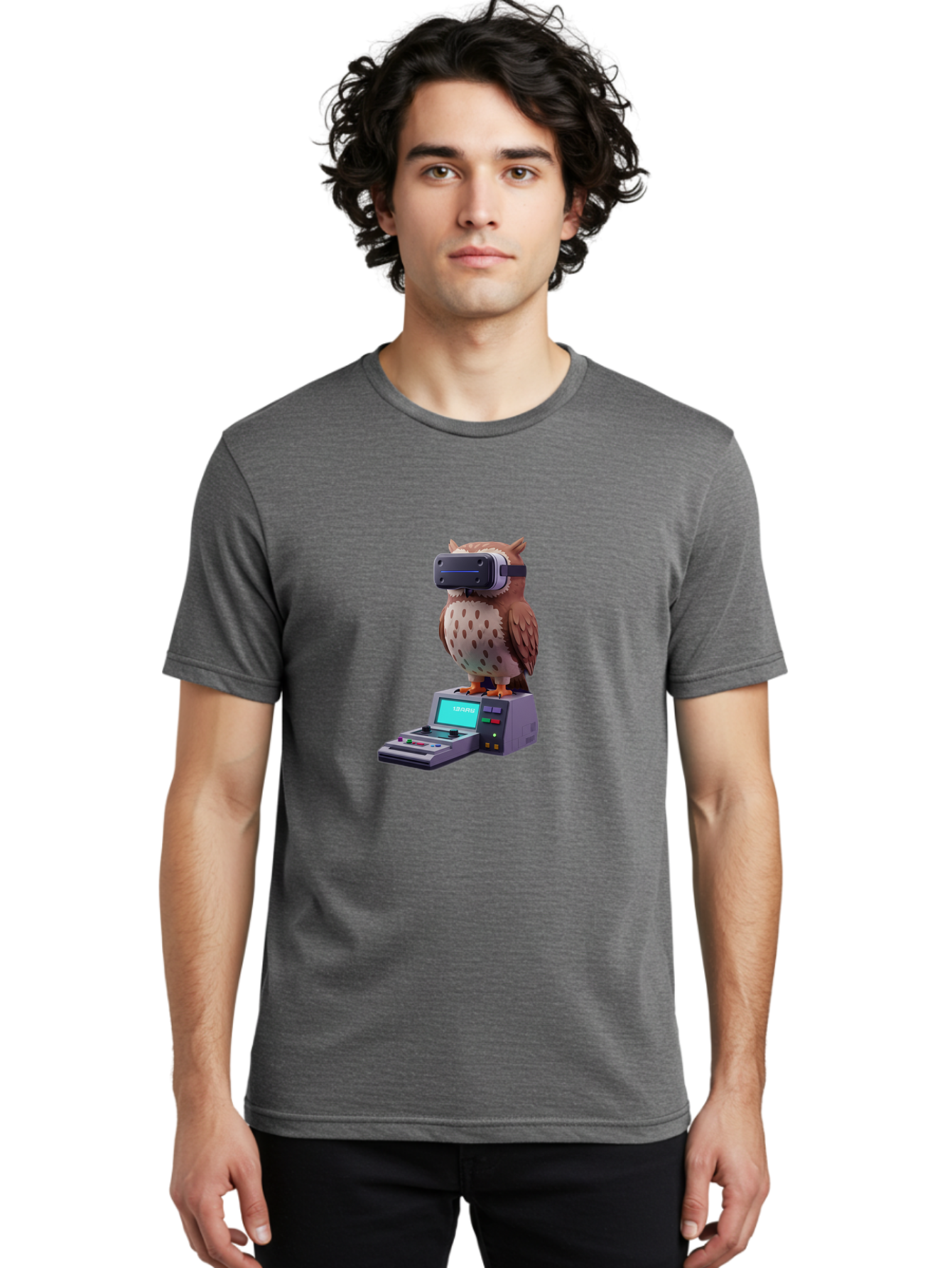 Owl-With-Vr-Headset-2 Men'S Graphic Tee, 100% Cotton, Comfortable Casual Summer Wear, Machine Washable, Vintage Camera, Old Camera, Antique Camera, Black Camera, Classic Photography, Photography Equipment, Nostalgic Device, Film Camera, Bal033