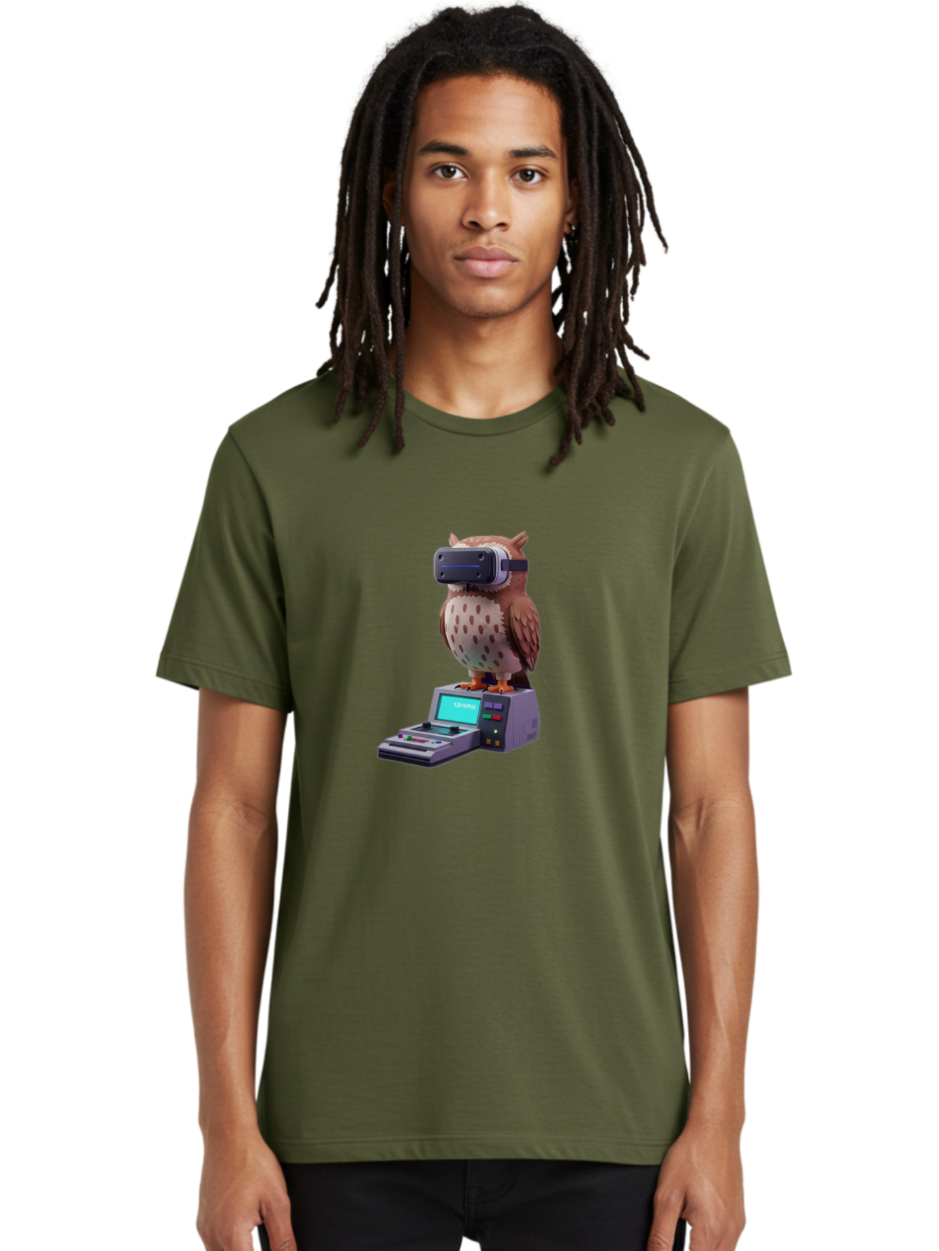 Owl-With-Vr-Headset-2 Men'S Graphic Tee, 100% Cotton, Comfortable Casual Summer Wear, Machine Washable, Vintage Camera, Old Camera, Antique Camera, Black Camera, Classic Photography, Photography Equipment, Nostalgic Device, Film Camera, Bal033
