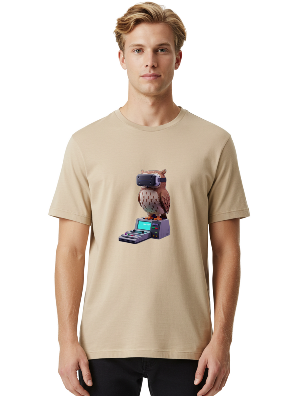 Owl-With-Vr-Headset-2 Men'S Graphic Tee, 100% Cotton, Comfortable Casual Summer Wear, Machine Washable, Vintage Camera, Old Camera, Antique Camera, Black Camera, Classic Photography, Photography Equipment, Nostalgic Device, Film Camera, Bal033