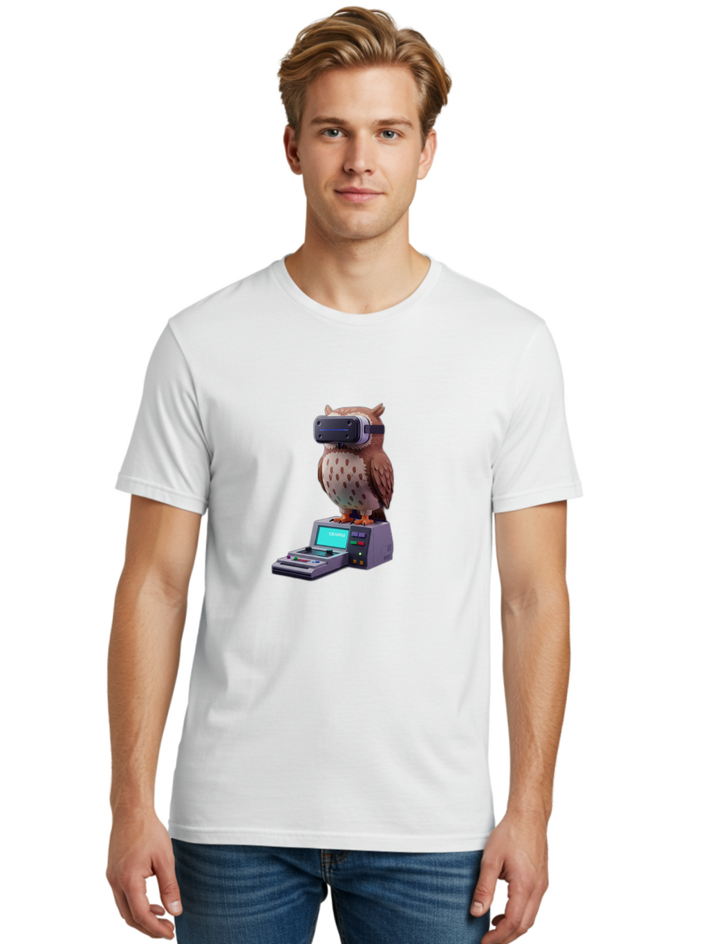 Owl-With-Vr-Headset-2 Men'S Graphic Tee, 100% Cotton, Comfortable Casual Summer Wear, Machine Washable, Vintage Camera, Old Camera, Antique Camera, Black Camera, Classic Photography, Photography Equipment, Nostalgic Device, Film Camera, Bal033