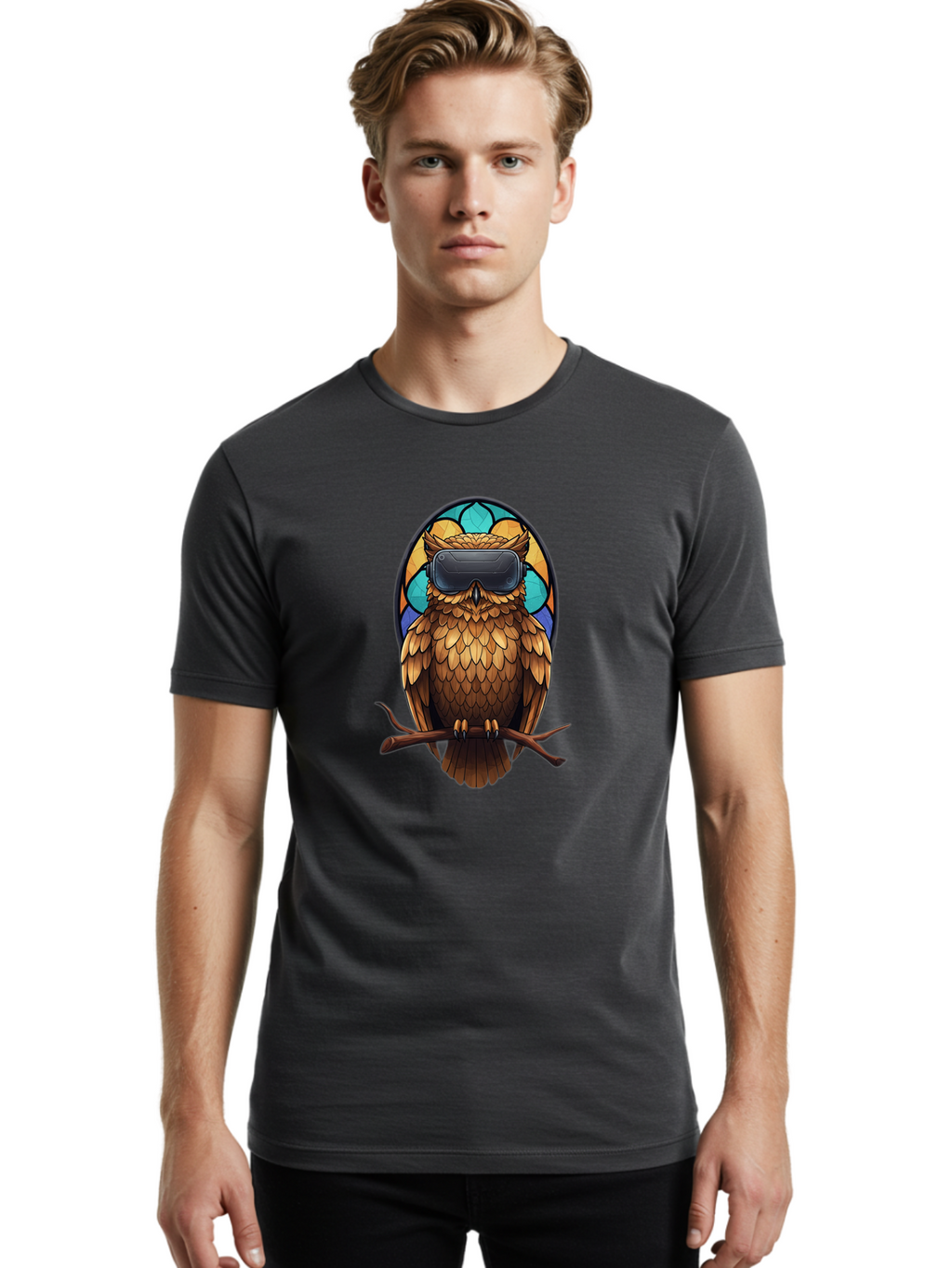 Owl-With-Vr-Headset-5 Men'S Graphic Tee, 100% Cotton, Comfortable Casual Summer Wear, Machine Washable, Vintage Camera, Old Camera, Antique Camera, Black Camera, Classic Photography, Photography Equipment, Nostalgic Device, Film Camera, Bal036
