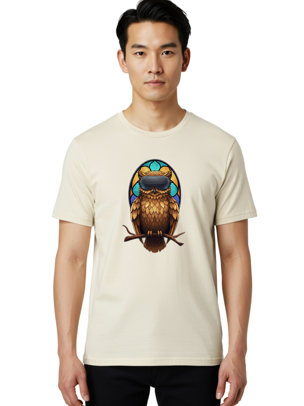 Owl-With-Vr-Headset-5 Men'S Graphic Tee, 100% Cotton, Comfortable Casual Summer Wear, Machine Washable, Vintage Camera, Old Camera, Antique Camera, Black Camera, Classic Photography, Photography Equipment, Nostalgic Device, Film Camera, Bal036