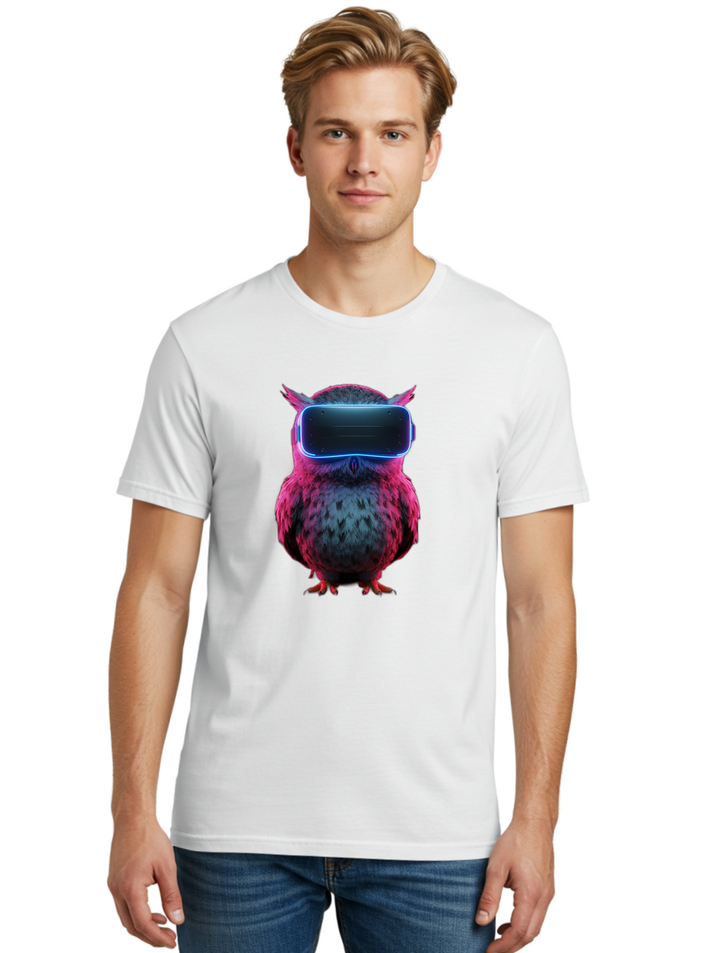 Owl-With-Vr-Headset Men'S Graphic Tee, 100% Cotton, Comfortable Casual Summer Wear, Machine Washable, Vintage Camera, Old Camera, Antique Camera, Black Camera, Classic Photography, Photography Equipment, Nostalgic Device, Film Camera, Bal037