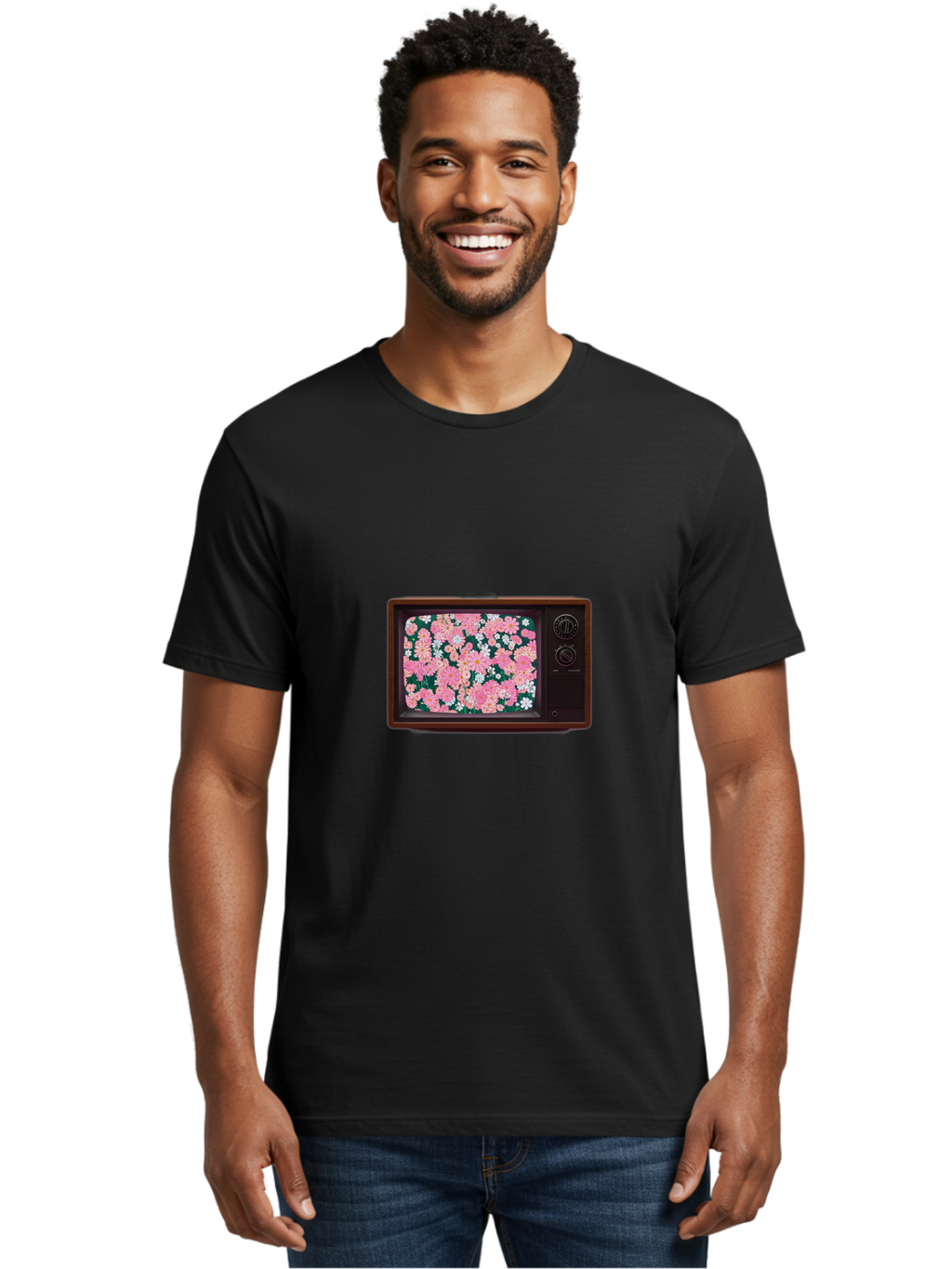 Retro-Tv-With-Flowers Men'S Graphic Tee, 100% Cotton, Comfortable Casual Summer Wear, Machine Washable, Vintage Camera, Old Camera, Antique Camera, Black Camera, Classic Photography, Photography Equipment, Nostalgic Device, Film Camera, Bal229