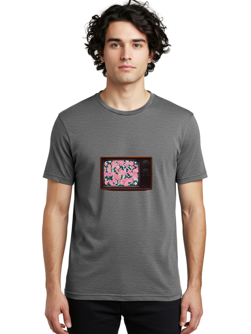 Retro-Tv-With-Flowers Men'S Graphic Tee, 100% Cotton, Comfortable Casual Summer Wear, Machine Washable, Vintage Camera, Old Camera, Antique Camera, Black Camera, Classic Photography, Photography Equipment, Nostalgic Device, Film Camera, Bal229