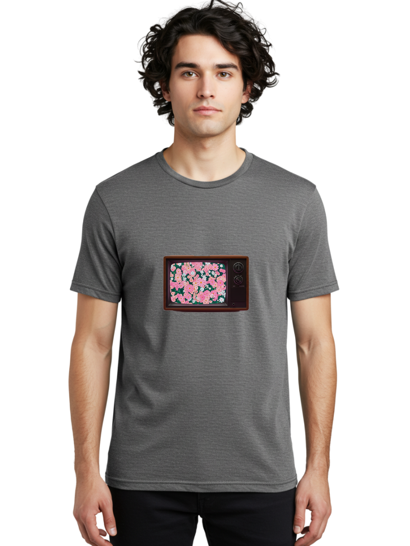 Retro-Tv-With-Flowers Men'S Graphic Tee, 100% Cotton, Comfortable Casual Summer Wear, Machine Washable, Vintage Camera, Old Camera, Antique Camera, Black Camera, Classic Photography, Photography Equipment, Nostalgic Device, Film Camera, Bal229