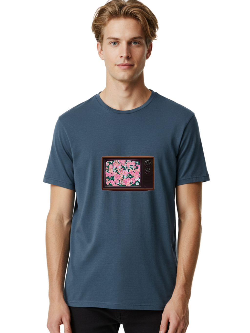 Retro-Tv-With-Flowers Men'S Graphic Tee, 100% Cotton, Comfortable Casual Summer Wear, Machine Washable, Vintage Camera, Old Camera, Antique Camera, Black Camera, Classic Photography, Photography Equipment, Nostalgic Device, Film Camera, Bal229