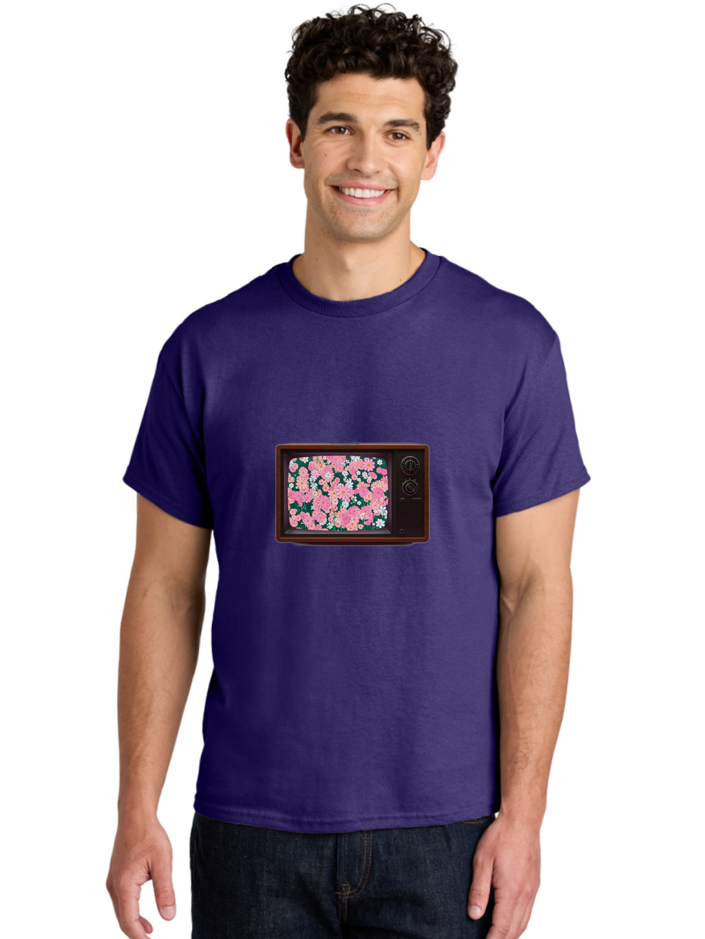 Retro-Tv-With-Flowers Men'S Graphic Tee, 100% Cotton, Comfortable Casual Summer Wear, Machine Washable, Vintage Camera, Old Camera, Antique Camera, Black Camera, Classic Photography, Photography Equipment, Nostalgic Device, Film Camera, Bal229