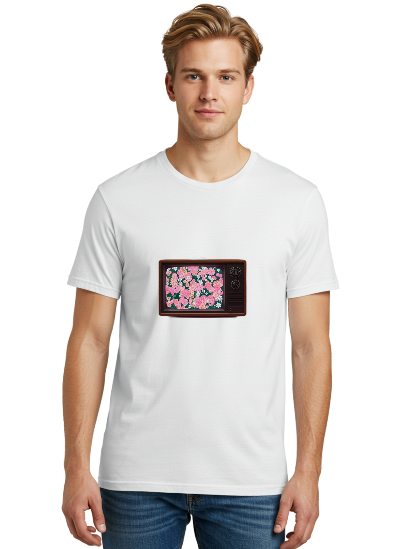 Retro-Tv-With-Flowers Men'S Graphic Tee, 100% Cotton, Comfortable Casual Summer Wear, Machine Washable, Vintage Camera, Old Camera, Antique Camera, Black Camera, Classic Photography, Photography Equipment, Nostalgic Device, Film Camera, Bal229