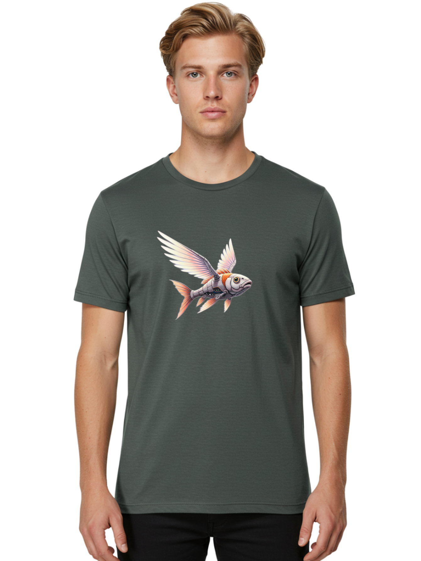 Robot-Fish-Flying Men'S Graphic Tee, 100% Cotton, Comfortable Casual Summer Wear, Machine Washable, Vintage Camera, Old Camera, Antique Camera, Black Camera, Classic Photography, Photography Equipment, Nostalgic Device, Film Camera, Camera Art Bal250