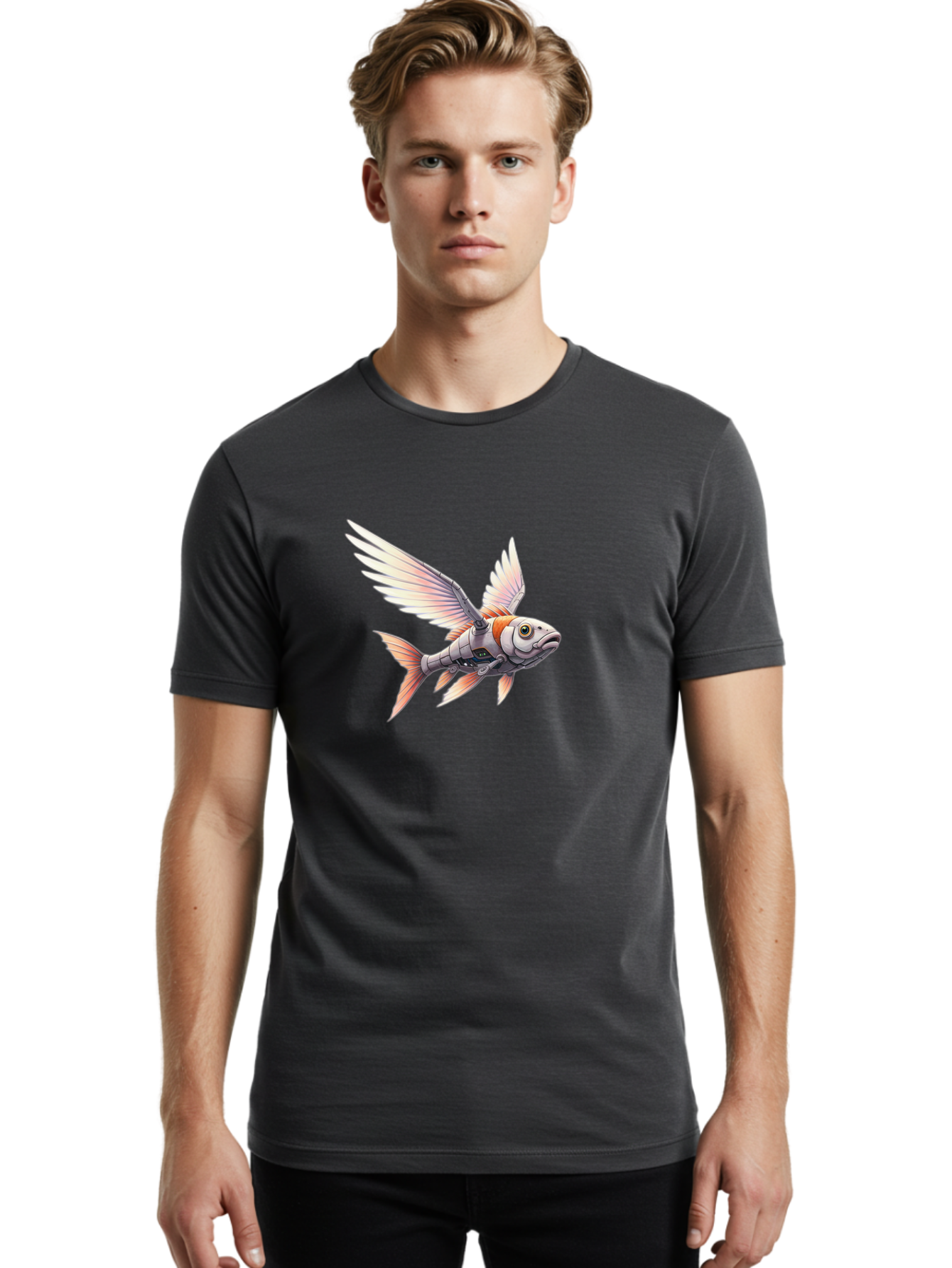 Robot-Fish-Flying Men'S Graphic Tee, 100% Cotton, Comfortable Casual Summer Wear, Machine Washable, Vintage Camera, Old Camera, Antique Camera, Black Camera, Classic Photography, Photography Equipment, Nostalgic Device, Film Camera, Camera Art Bal250