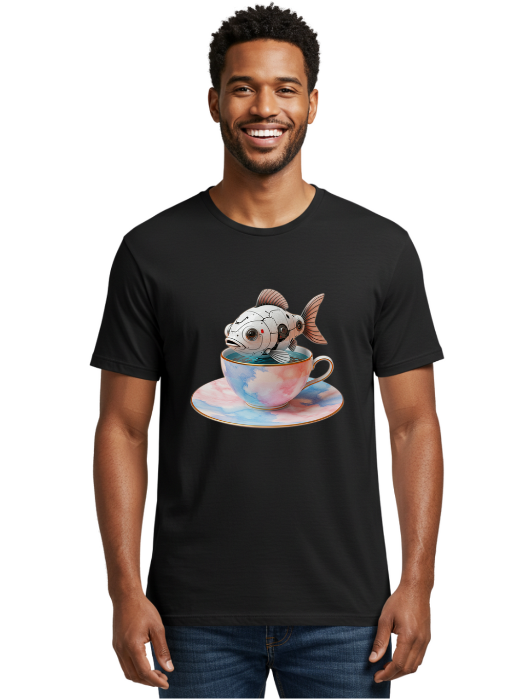 Robot-Fish-In-Tea-Cup Men'S Graphic Tee, 100% Cotton, Comfortable Casual Summer Wear, Machine Washable, Vintage Camera, Old Camera, Antique Camera, Black Camera, Classic Photography, Photography Equipment, Nostalgic Device, Film Camera, Bal251
