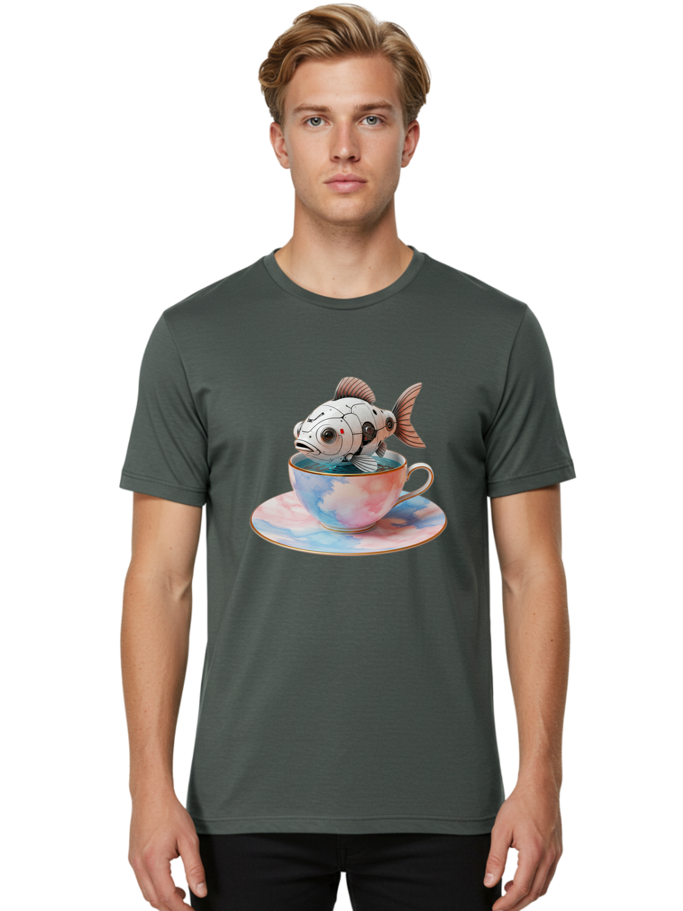 Robot-Fish-In-Tea-Cup Men'S Graphic Tee, 100% Cotton, Comfortable Casual Summer Wear, Machine Washable, Vintage Camera, Old Camera, Antique Camera, Black Camera, Classic Photography, Photography Equipment, Nostalgic Device, Film Camera, Bal251