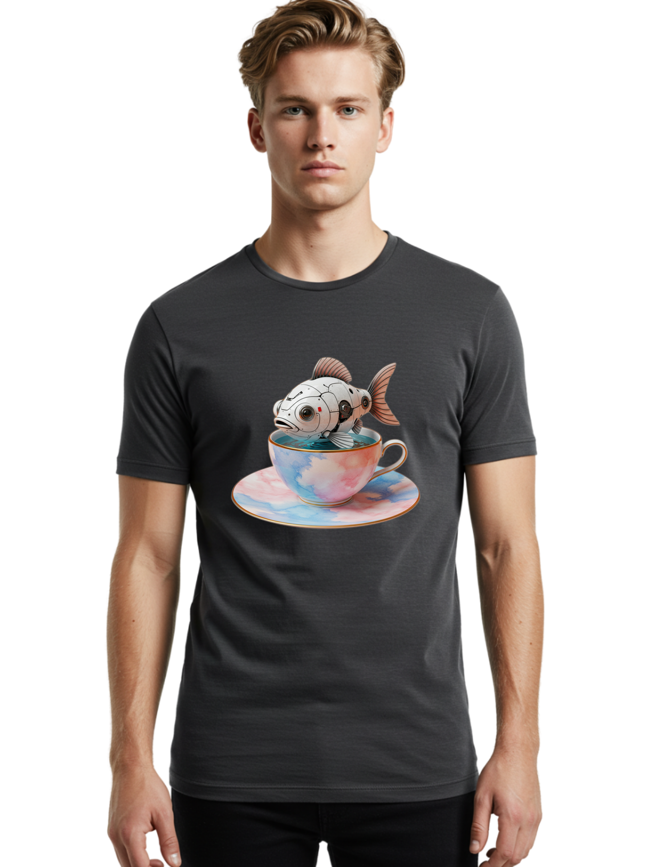 Robot-Fish-In-Tea-Cup Men'S Graphic Tee, 100% Cotton, Comfortable Casual Summer Wear, Machine Washable, Vintage Camera, Old Camera, Antique Camera, Black Camera, Classic Photography, Photography Equipment, Nostalgic Device, Film Camera, Bal251
