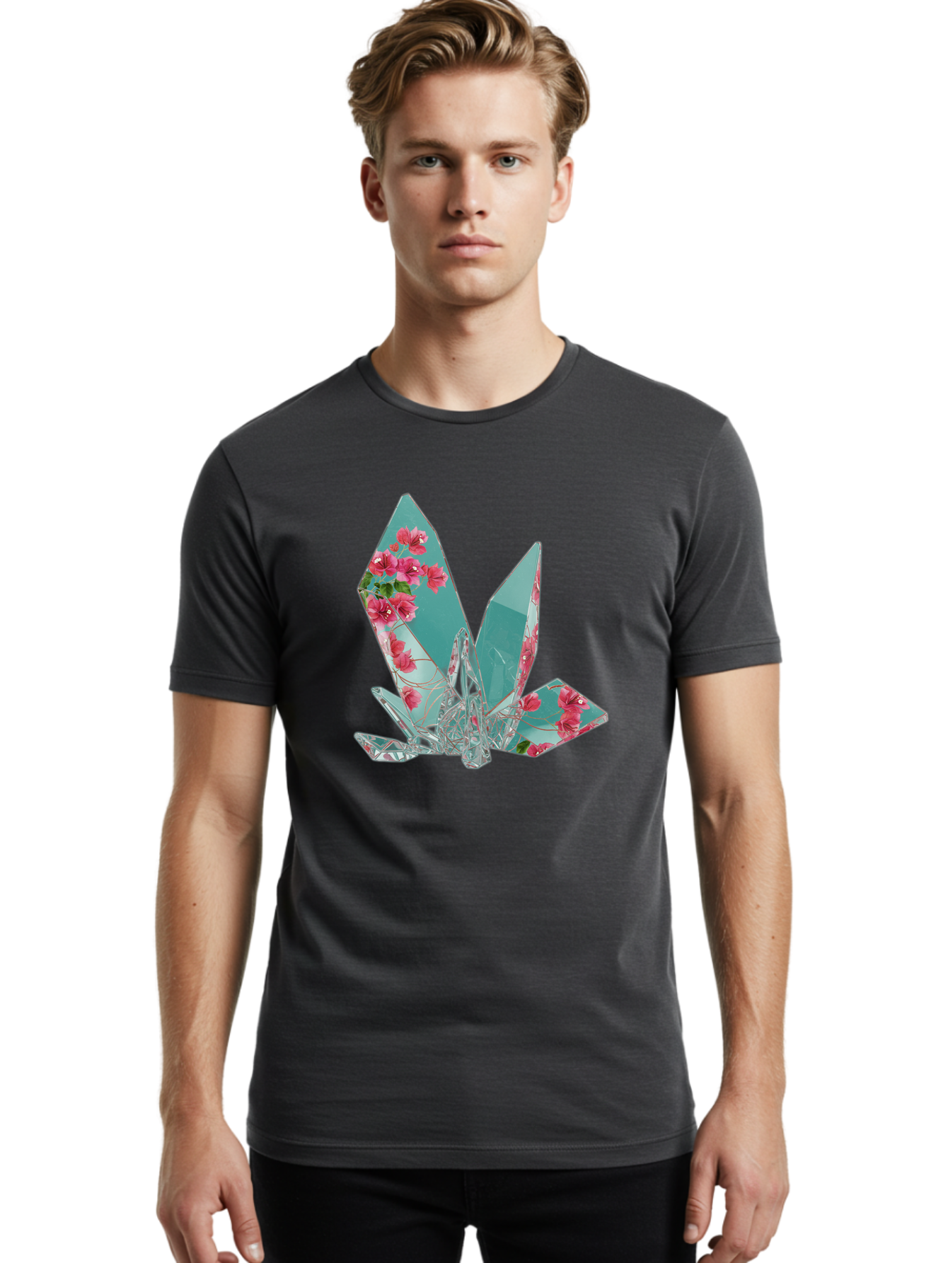 Shattered-Glass-With-Flowers Men'S Graphic Tee, 100% Cotton, Comfortable Casual Summer Wear, Machine Washable, Vintage Camera, Old Camera, Antique Camera, Black Camera, Classic Photography, Photography Equipment, Nostalgic Device, Film Camera, Bal293