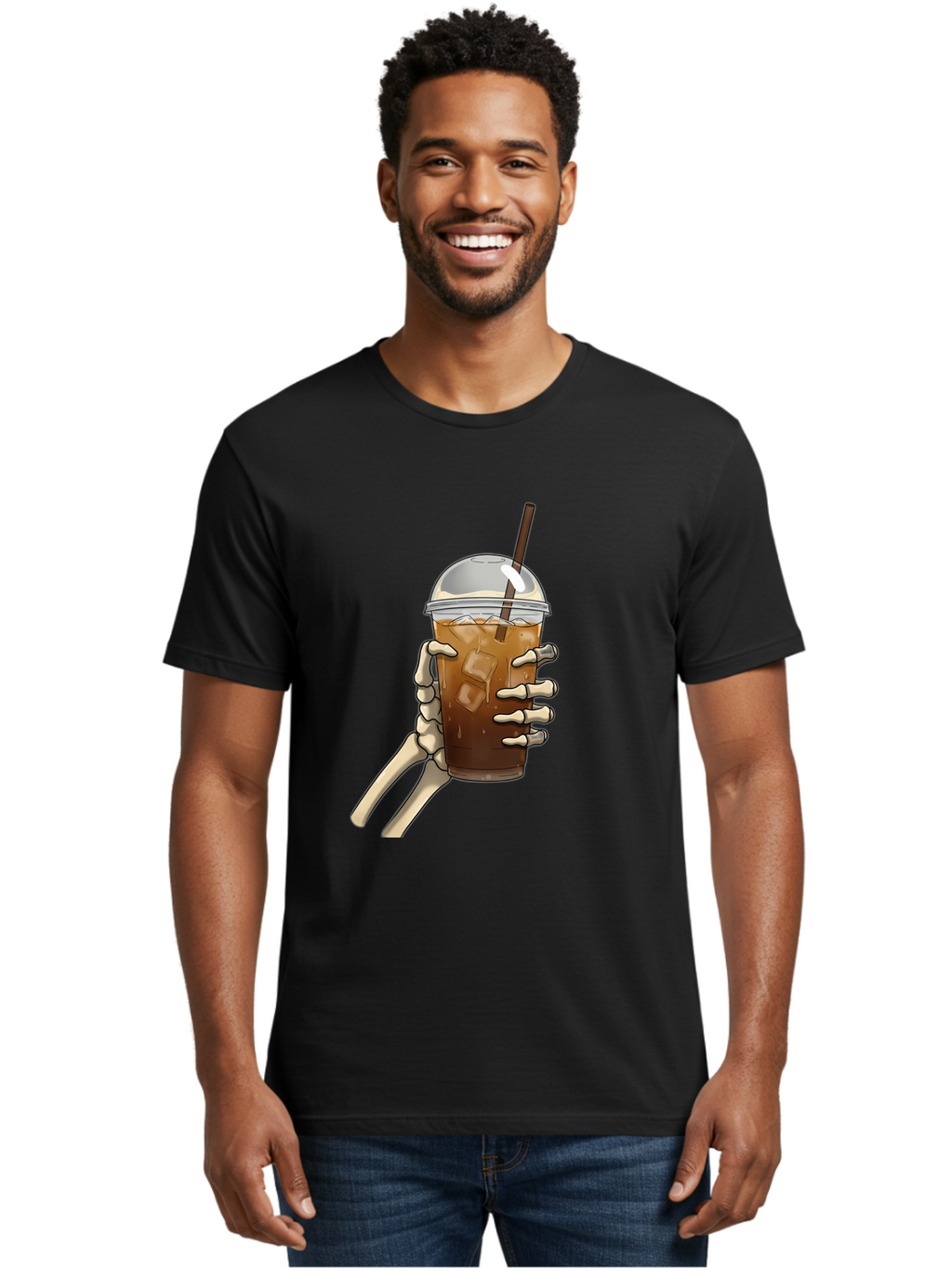 Skeleton-Hand-Holding-Iced-Coffee Men'S Graphic Tee, 100% Cotton, Comfortable Casual Summer Wear, Machine Washable, Vintage Camera, Old Camera, Antique Camera, Black Camera, Classic Photography, Photography Equipment, Nostalgic Device, Bal318