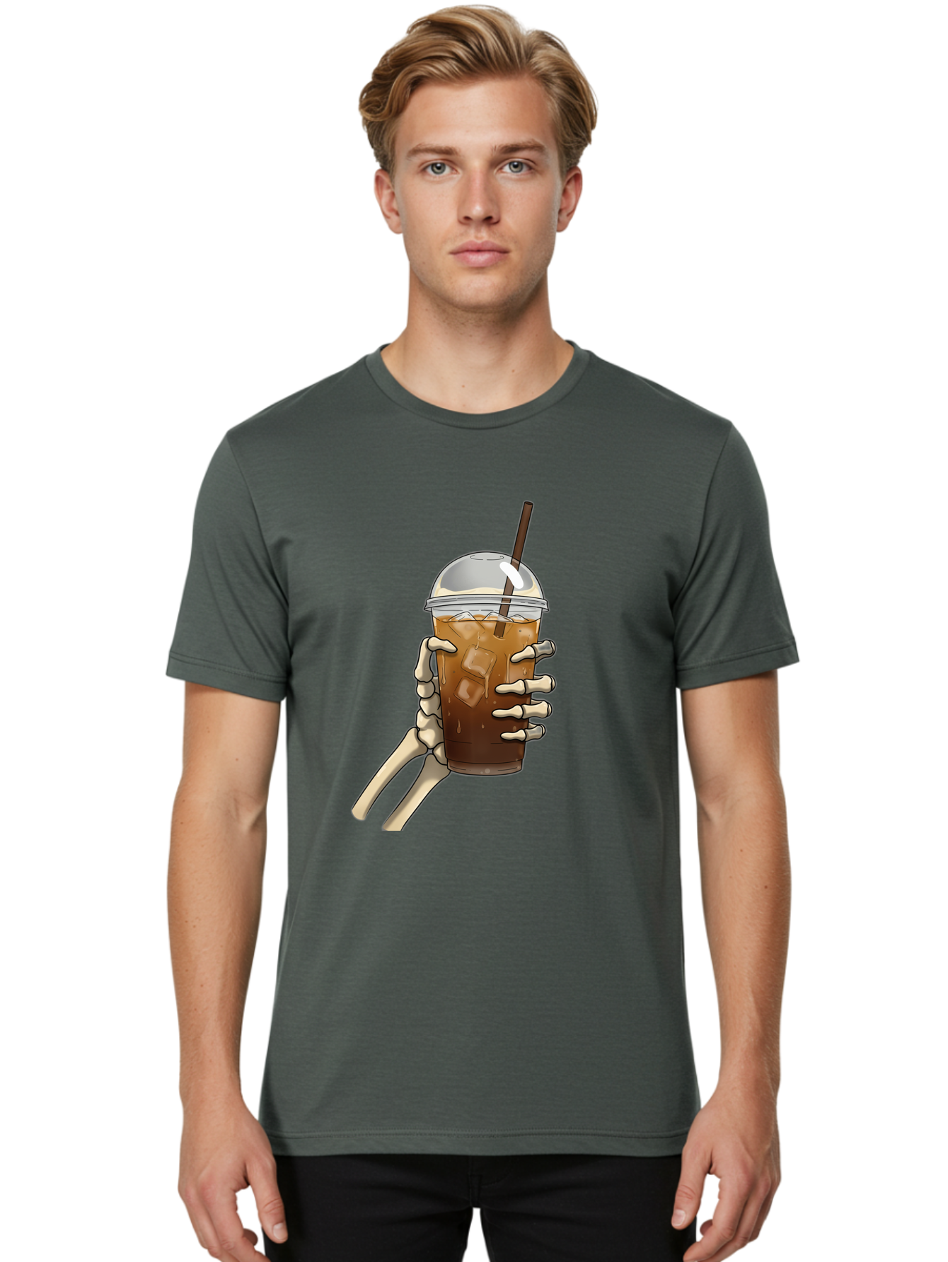 Skeleton-Hand-Holding-Iced-Coffee Men'S Graphic Tee, 100% Cotton, Comfortable Casual Summer Wear, Machine Washable, Vintage Camera, Old Camera, Antique Camera, Black Camera, Classic Photography, Photography Equipment, Nostalgic Device, Bal318