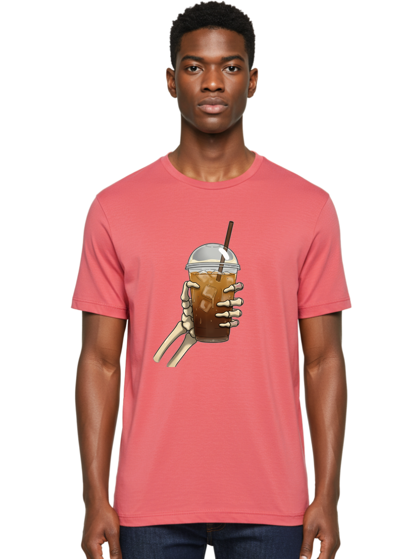 Skeleton-Hand-Holding-Iced-Coffee Men'S Graphic Tee, 100% Cotton, Comfortable Casual Summer Wear, Machine Washable, Vintage Camera, Old Camera, Antique Camera, Black Camera, Classic Photography, Photography Equipment, Nostalgic Device, Bal318