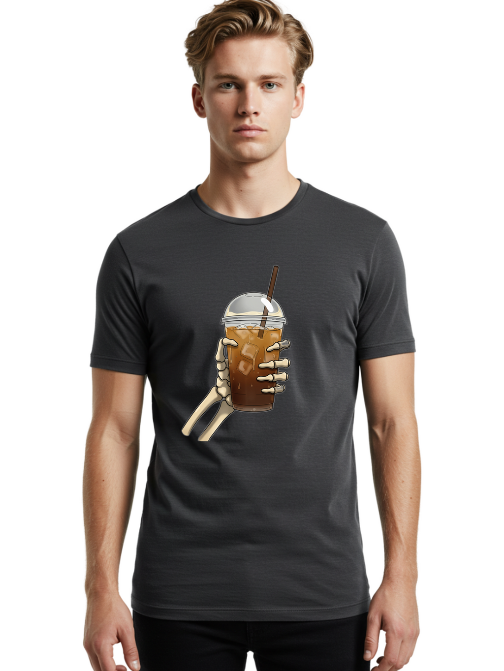 Skeleton-Hand-Holding-Iced-Coffee Men'S Graphic Tee, 100% Cotton, Comfortable Casual Summer Wear, Machine Washable, Vintage Camera, Old Camera, Antique Camera, Black Camera, Classic Photography, Photography Equipment, Nostalgic Device, Bal318