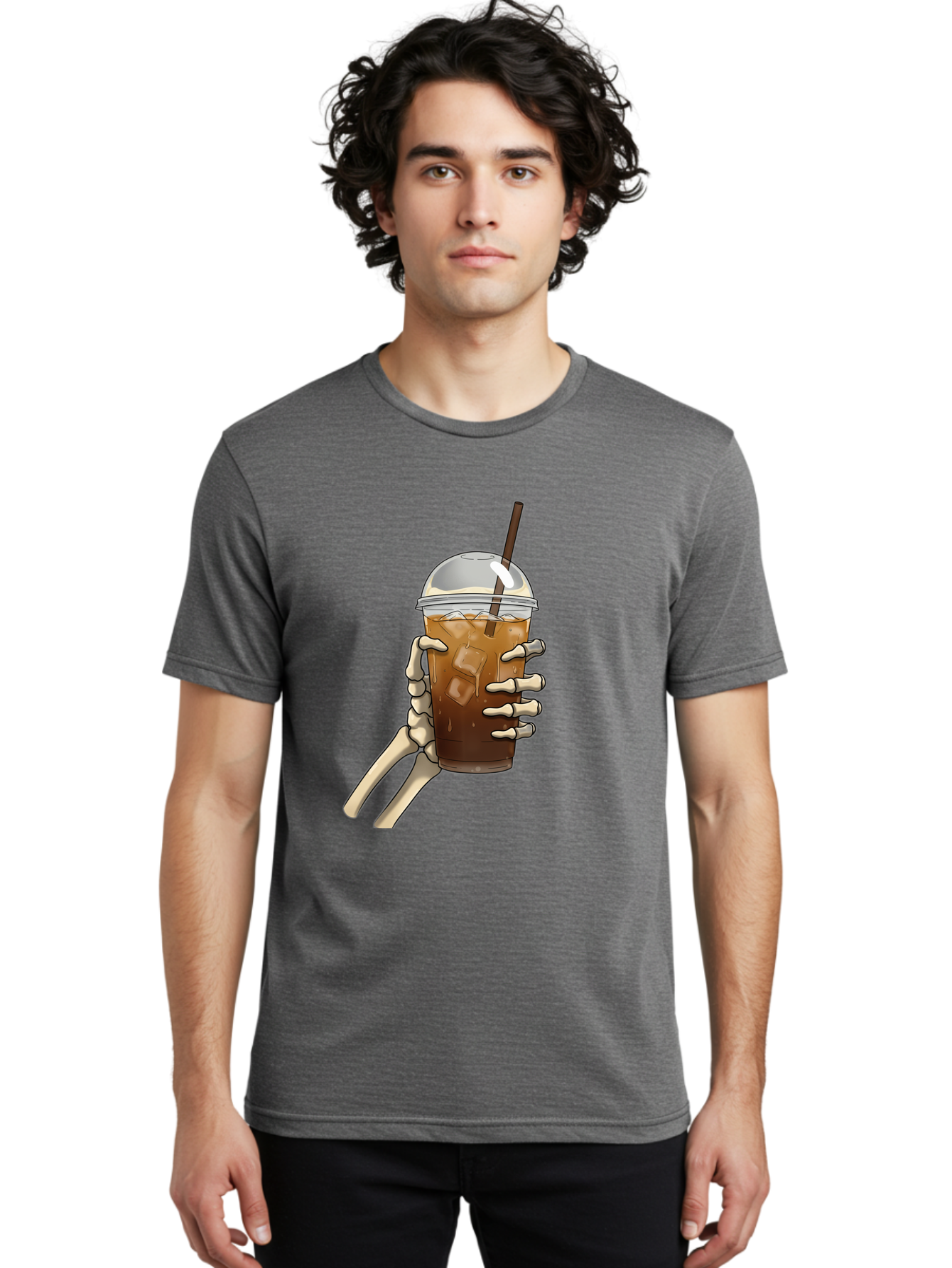 Skeleton-Hand-Holding-Iced-Coffee Men'S Graphic Tee, 100% Cotton, Comfortable Casual Summer Wear, Machine Washable, Vintage Camera, Old Camera, Antique Camera, Black Camera, Classic Photography, Photography Equipment, Nostalgic Device, Bal318