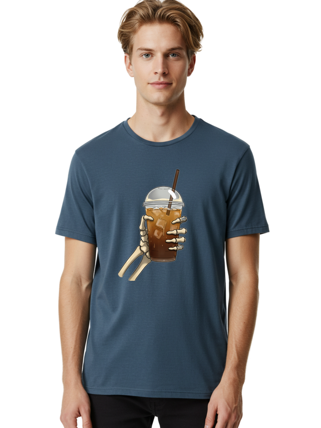 Skeleton-Hand-Holding-Iced-Coffee Men'S Graphic Tee, 100% Cotton, Comfortable Casual Summer Wear, Machine Washable, Vintage Camera, Old Camera, Antique Camera, Black Camera, Classic Photography, Photography Equipment, Nostalgic Device, Bal318