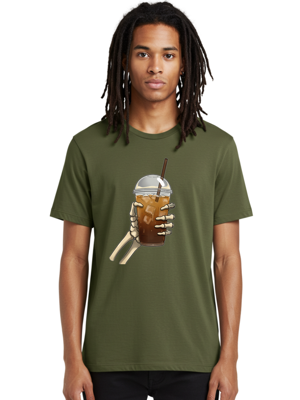 Skeleton-Hand-Holding-Iced-Coffee Men'S Graphic Tee, 100% Cotton, Comfortable Casual Summer Wear, Machine Washable, Vintage Camera, Old Camera, Antique Camera, Black Camera, Classic Photography, Photography Equipment, Nostalgic Device, Bal318