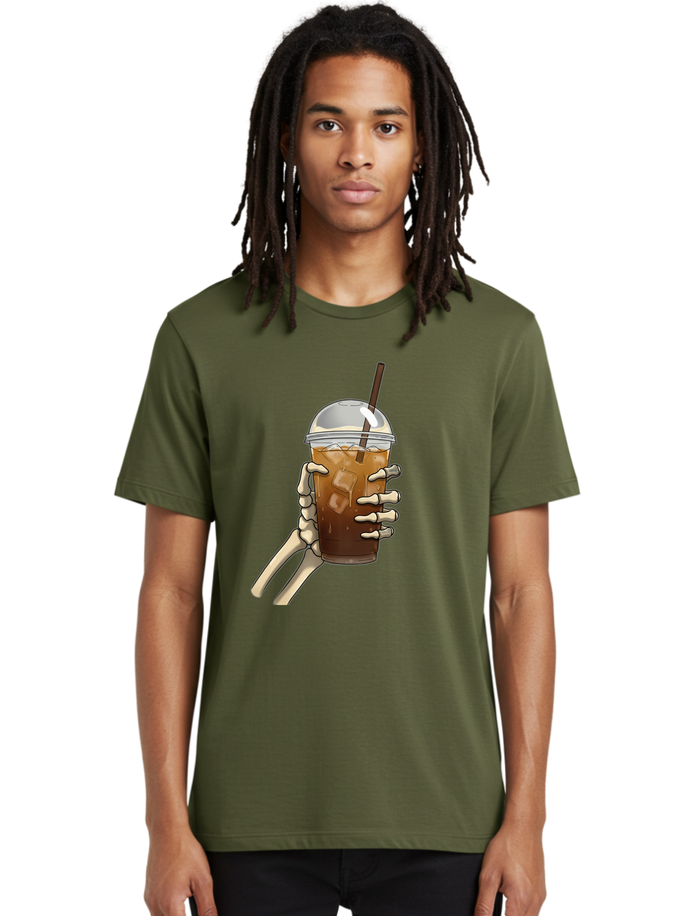 Skeleton-Hand-Holding-Iced-Coffee Men'S Graphic Tee, 100% Cotton, Comfortable Casual Summer Wear, Machine Washable, Vintage Camera, Old Camera, Antique Camera, Black Camera, Classic Photography, Photography Equipment, Nostalgic Device, Bal318