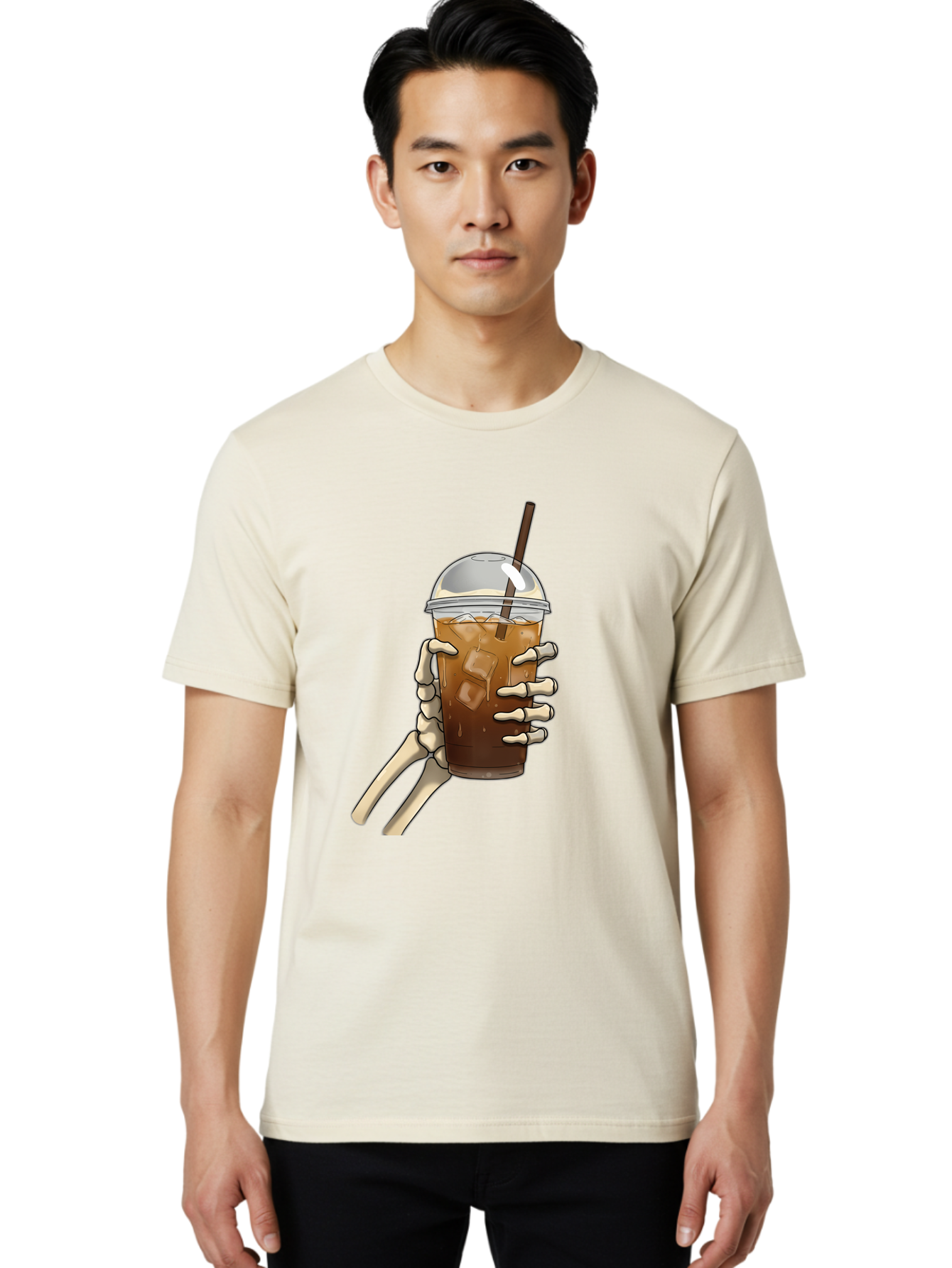 Skeleton-Hand-Holding-Iced-Coffee Men'S Graphic Tee, 100% Cotton, Comfortable Casual Summer Wear, Machine Washable, Vintage Camera, Old Camera, Antique Camera, Black Camera, Classic Photography, Photography Equipment, Nostalgic Device, Bal318