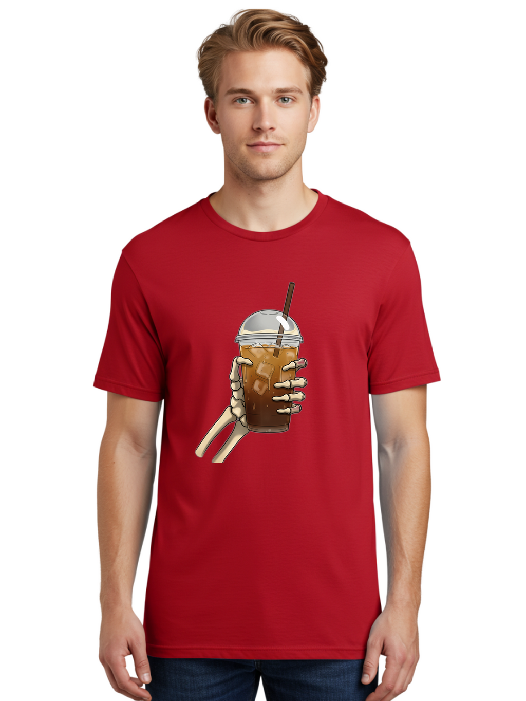 Skeleton-Hand-Holding-Iced-Coffee Men'S Graphic Tee, 100% Cotton, Comfortable Casual Summer Wear, Machine Washable, Vintage Camera, Old Camera, Antique Camera, Black Camera, Classic Photography, Photography Equipment, Nostalgic Device, Bal318