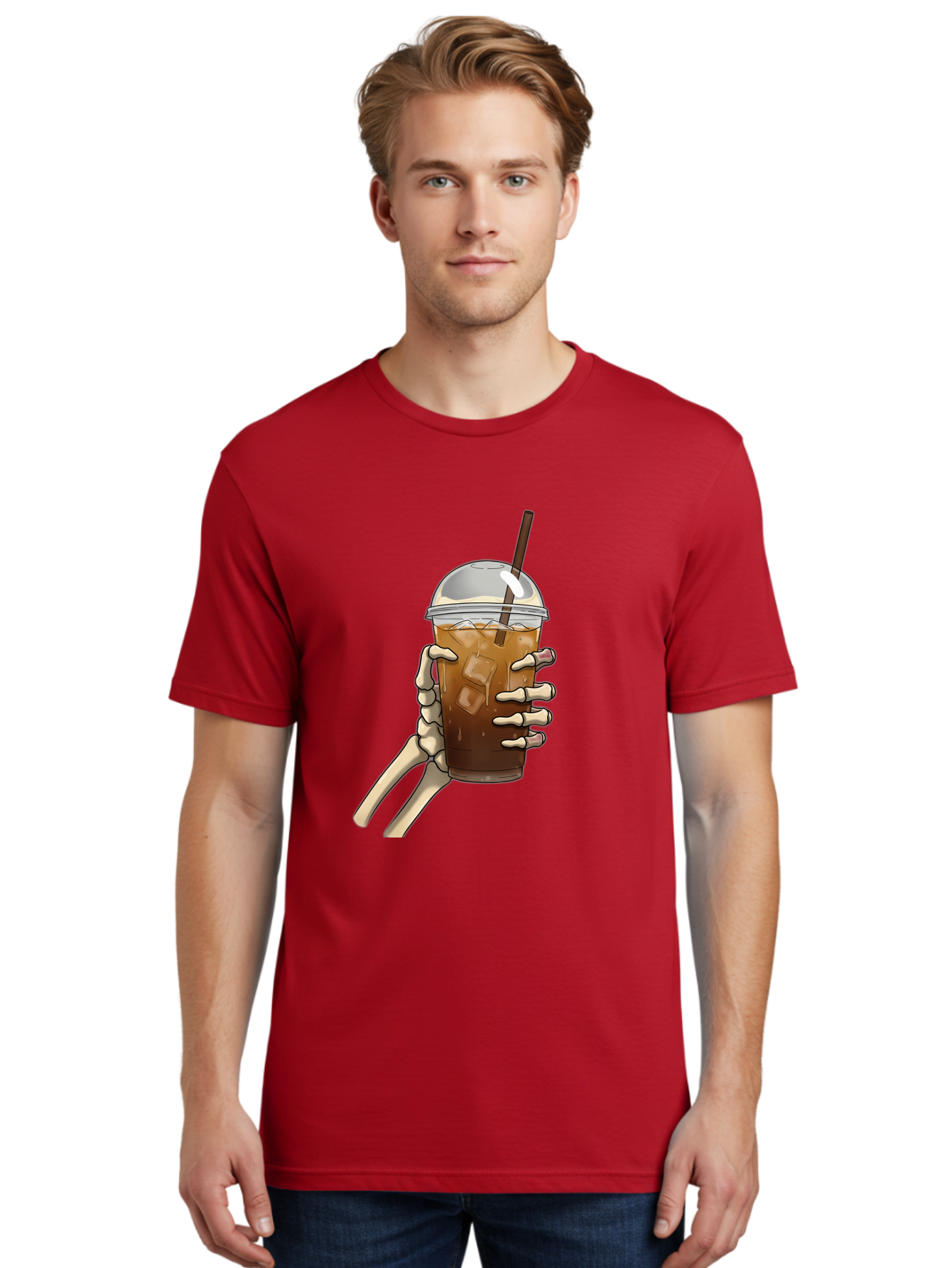 Skeleton-Hand-Holding-Iced-Coffee Men'S Graphic Tee, 100% Cotton, Comfortable Casual Summer Wear, Machine Washable, Vintage Camera, Old Camera, Antique Camera, Black Camera, Classic Photography, Photography Equipment, Nostalgic Device, Bal318