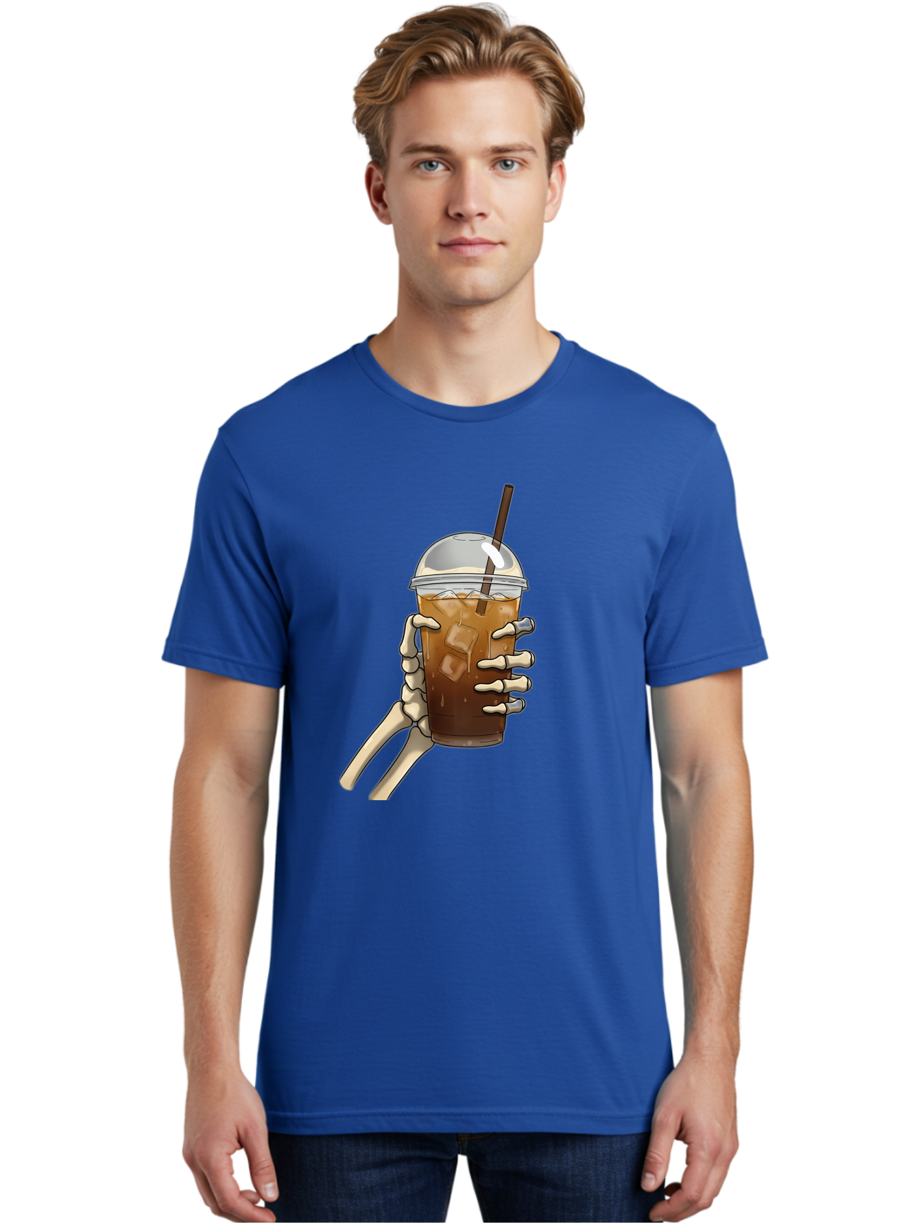 Skeleton-Hand-Holding-Iced-Coffee Men'S Graphic Tee, 100% Cotton, Comfortable Casual Summer Wear, Machine Washable, Vintage Camera, Old Camera, Antique Camera, Black Camera, Classic Photography, Photography Equipment, Nostalgic Device, Bal318