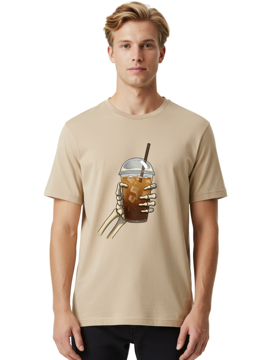 Skeleton-Hand-Holding-Iced-Coffee Men'S Graphic Tee, 100% Cotton, Comfortable Casual Summer Wear, Machine Washable, Vintage Camera, Old Camera, Antique Camera, Black Camera, Classic Photography, Photography Equipment, Nostalgic Device, Bal318