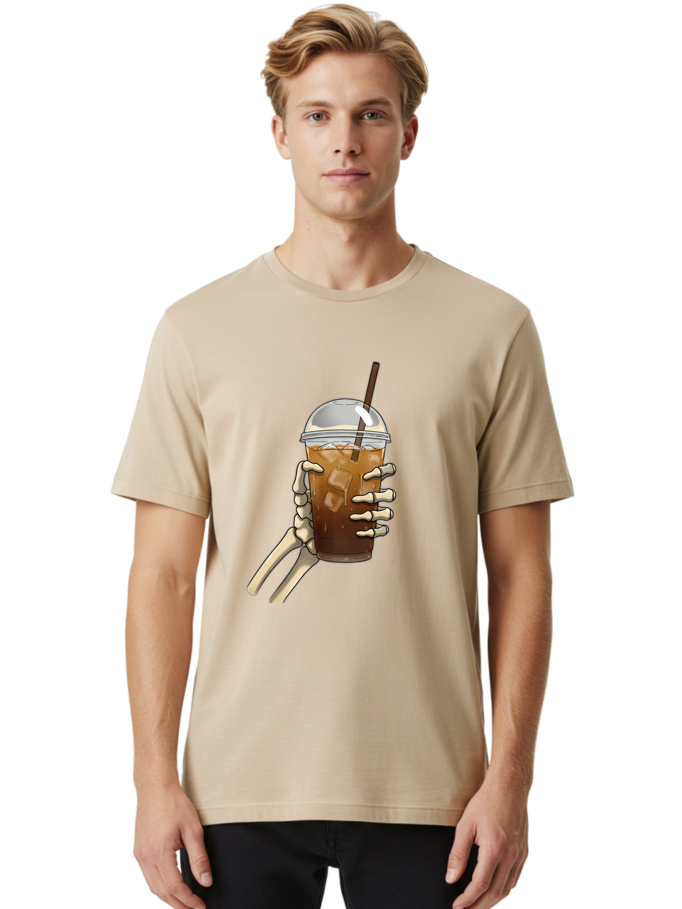 Skeleton-Hand-Holding-Iced-Coffee Men'S Graphic Tee, 100% Cotton, Comfortable Casual Summer Wear, Machine Washable, Vintage Camera, Old Camera, Antique Camera, Black Camera, Classic Photography, Photography Equipment, Nostalgic Device, Bal318