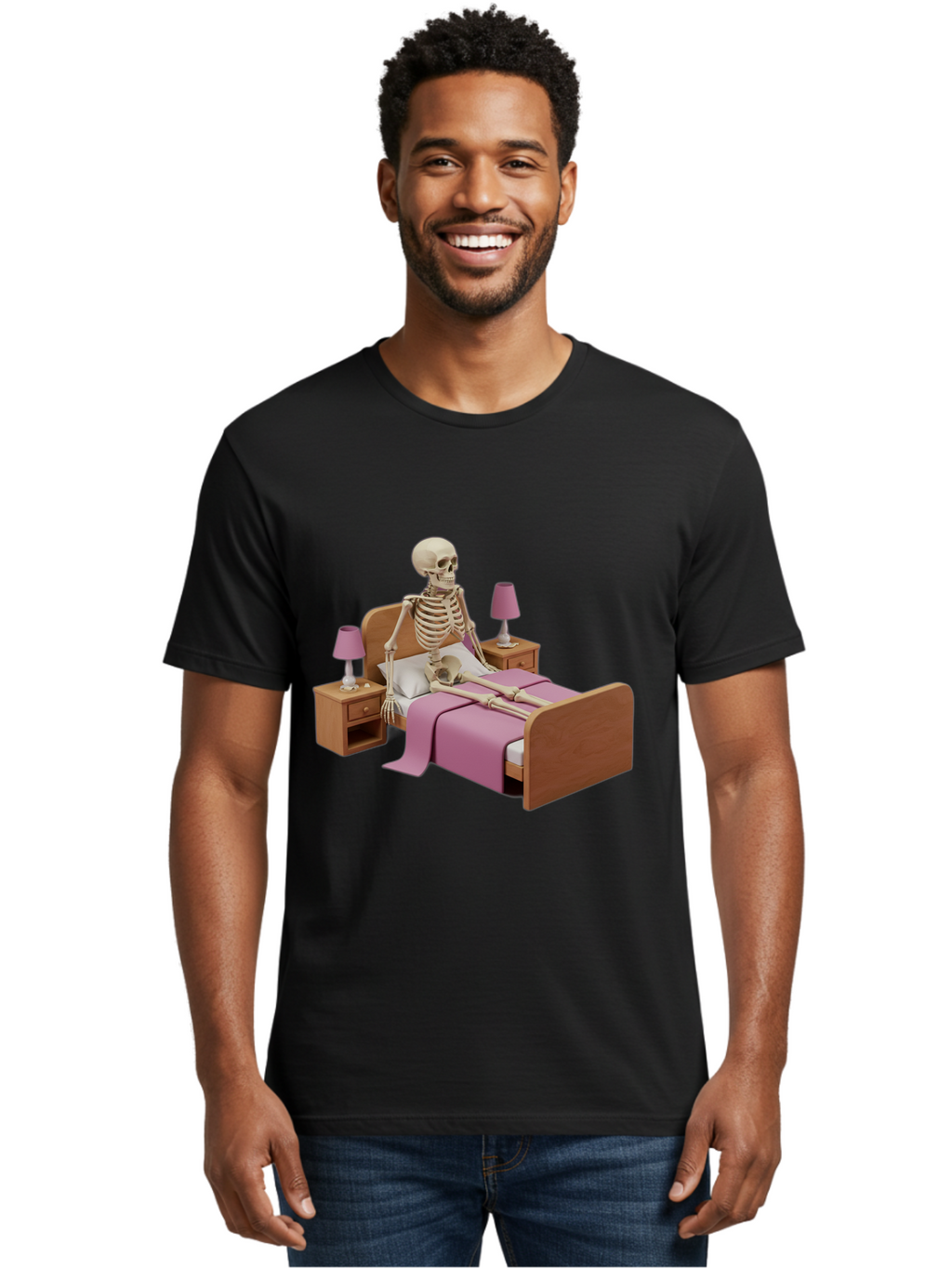Skeleton-In-Bed-1 Men'S Graphic Tee, 100% Cotton, Comfortable Casual Summer Wear, Machine Washable, Vintage Camera, Old Camera, Antique Camera, Black Camera, Classic Photography, Photography Equipment, Nostalgic Device, Film Camera, Camera Art Bal319