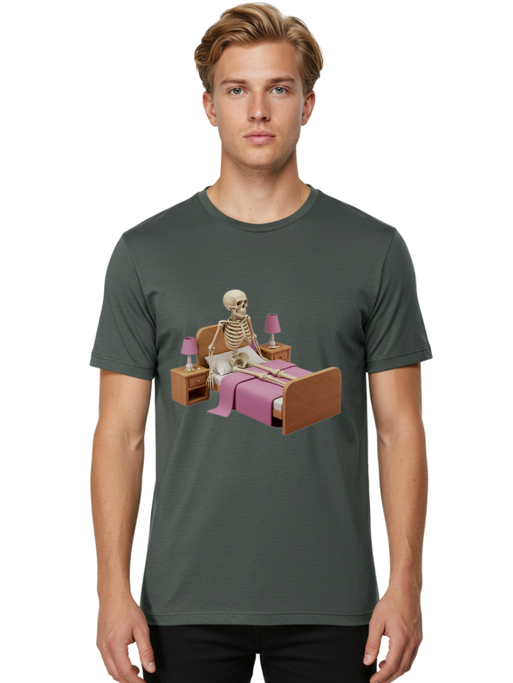 Skeleton-In-Bed-1 Men'S Graphic Tee, 100% Cotton, Comfortable Casual Summer Wear, Machine Washable, Vintage Camera, Old Camera, Antique Camera, Black Camera, Classic Photography, Photography Equipment, Nostalgic Device, Film Camera, Camera Art Bal319