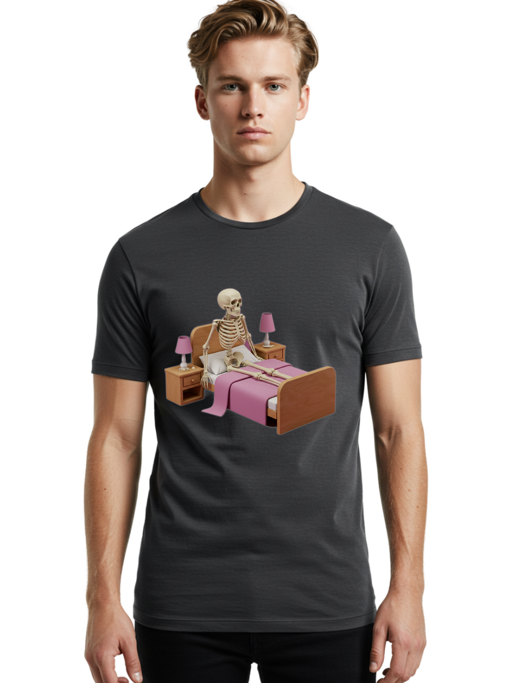 Skeleton-In-Bed-1 Men'S Graphic Tee, 100% Cotton, Comfortable Casual Summer Wear, Machine Washable, Vintage Camera, Old Camera, Antique Camera, Black Camera, Classic Photography, Photography Equipment, Nostalgic Device, Film Camera, Camera Art Bal319