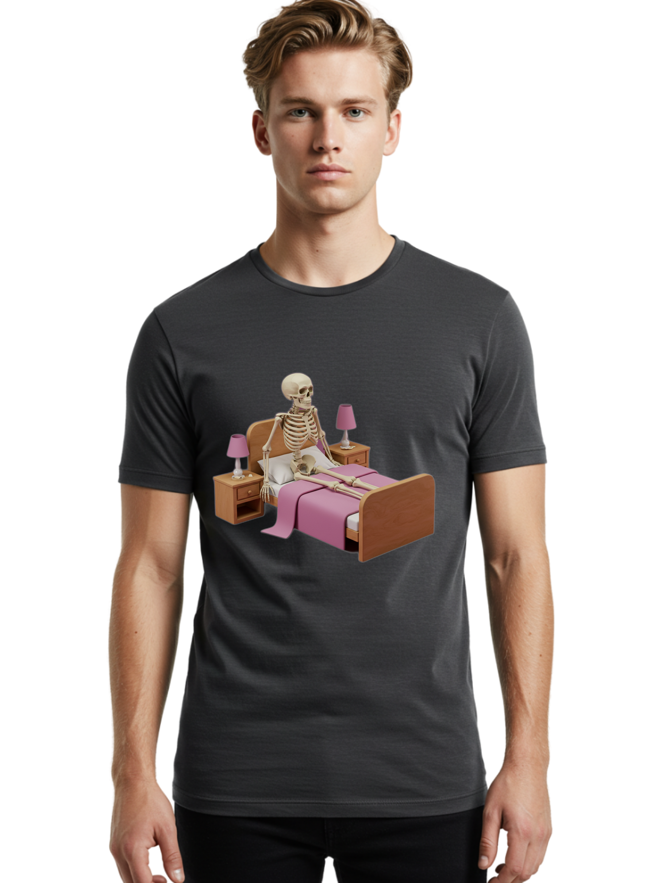 Skeleton-In-Bed-1 Men'S Graphic Tee, 100% Cotton, Comfortable Casual Summer Wear, Machine Washable, Vintage Camera, Old Camera, Antique Camera, Black Camera, Classic Photography, Photography Equipment, Nostalgic Device, Film Camera, Camera Art Bal319