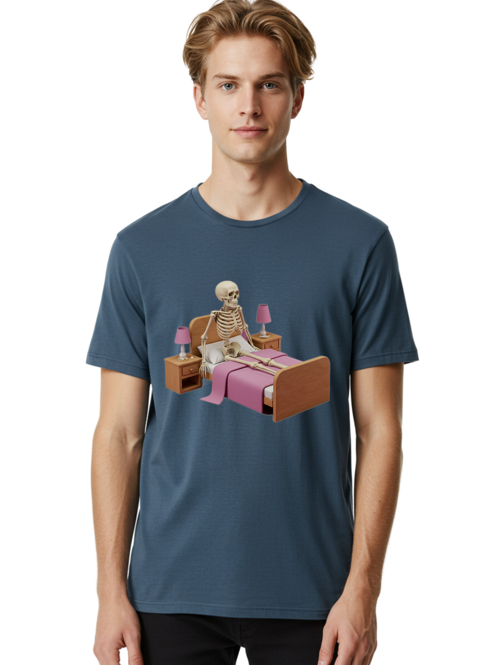Skeleton-In-Bed-1 Men'S Graphic Tee, 100% Cotton, Comfortable Casual Summer Wear, Machine Washable, Vintage Camera, Old Camera, Antique Camera, Black Camera, Classic Photography, Photography Equipment, Nostalgic Device, Film Camera, Camera Art Bal319
