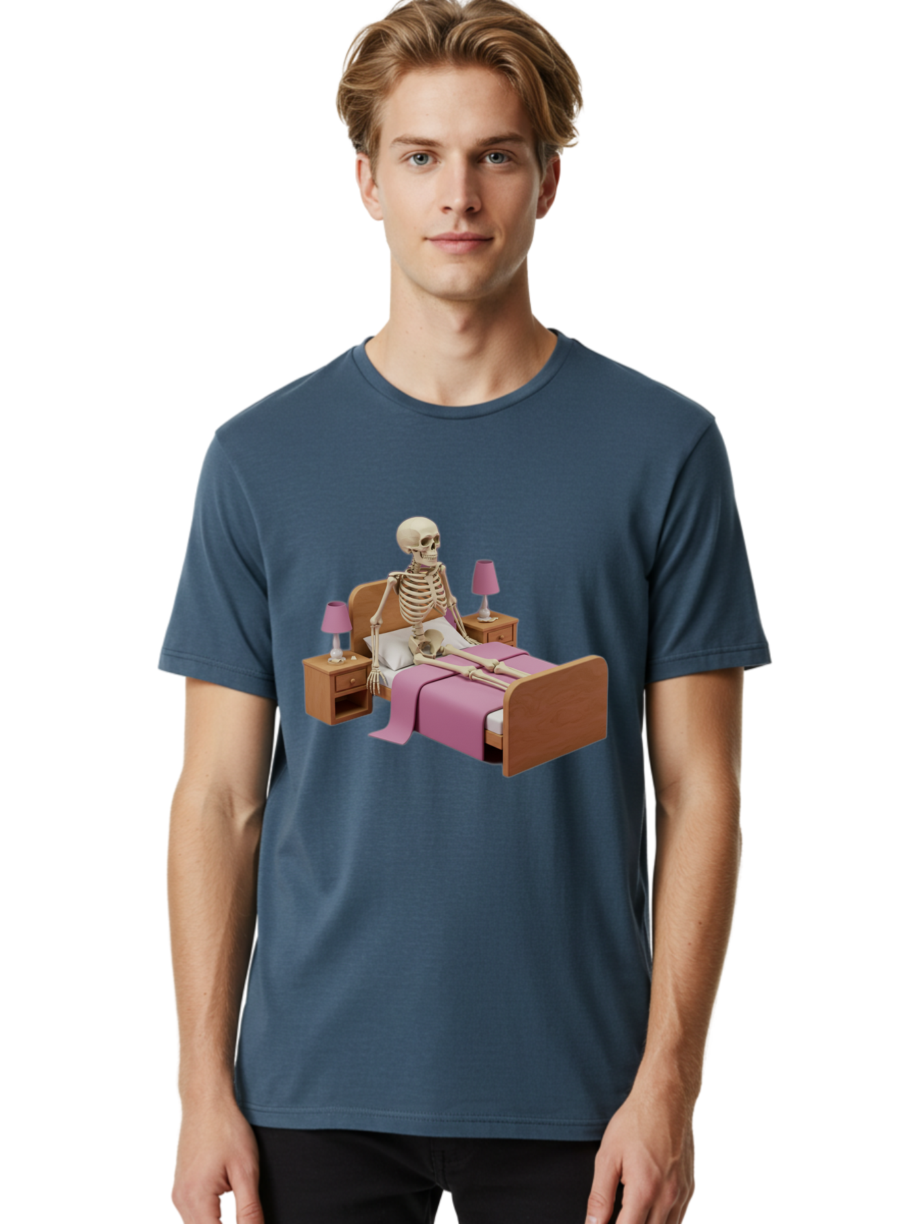 Skeleton-In-Bed-1 Men'S Graphic Tee, 100% Cotton, Comfortable Casual Summer Wear, Machine Washable, Vintage Camera, Old Camera, Antique Camera, Black Camera, Classic Photography, Photography Equipment, Nostalgic Device, Film Camera, Camera Art Bal319