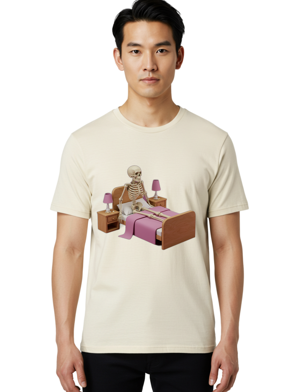 Skeleton-In-Bed-1 Men'S Graphic Tee, 100% Cotton, Comfortable Casual Summer Wear, Machine Washable, Vintage Camera, Old Camera, Antique Camera, Black Camera, Classic Photography, Photography Equipment, Nostalgic Device, Film Camera, Camera Art Bal319
