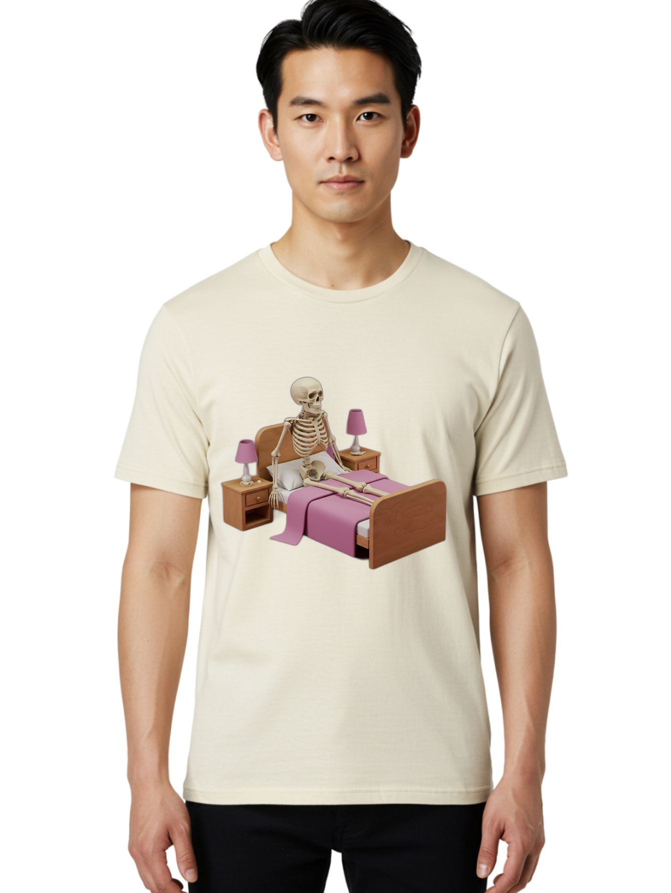 Skeleton-In-Bed-1 Men'S Graphic Tee, 100% Cotton, Comfortable Casual Summer Wear, Machine Washable, Vintage Camera, Old Camera, Antique Camera, Black Camera, Classic Photography, Photography Equipment, Nostalgic Device, Film Camera, Camera Art Bal319