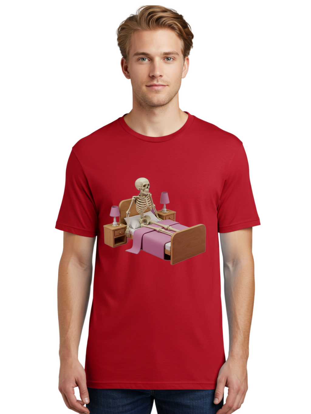 Skeleton-In-Bed-1 Men'S Graphic Tee, 100% Cotton, Comfortable Casual Summer Wear, Machine Washable, Vintage Camera, Old Camera, Antique Camera, Black Camera, Classic Photography, Photography Equipment, Nostalgic Device, Film Camera, Camera Art Bal319