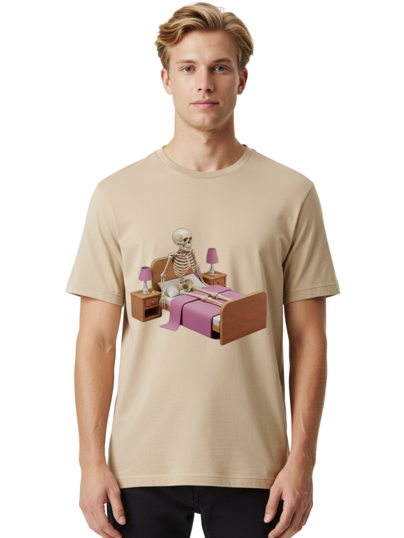 Skeleton-In-Bed-1 Men'S Graphic Tee, 100% Cotton, Comfortable Casual Summer Wear, Machine Washable, Vintage Camera, Old Camera, Antique Camera, Black Camera, Classic Photography, Photography Equipment, Nostalgic Device, Film Camera, Camera Art Bal319